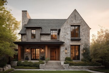 Rustic Stone Farmhouse Exterior at Dusk