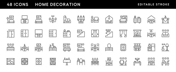 Interior icon collection. Home decoration, room design, decor, modern home, furniture and more. Editable stroke. Pixel Perfect. Grid base 32 x 32.