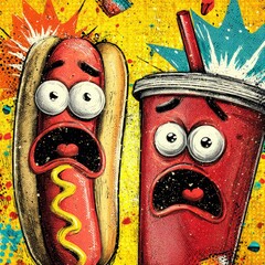 Scared Hot Dog and Soda Cartoon Illustration