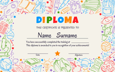 School or preschool certificate for students and schoolchildren with a frame of elements of the contour pattern.