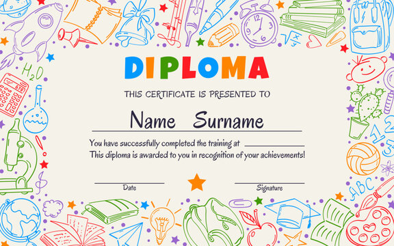 School or preschool certificate for students and schoolchildren with a frame of elements of the contour pattern.