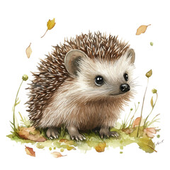 Baby Hedgehog Moss Petals, watercolor drawing vector, isolated on a white background.