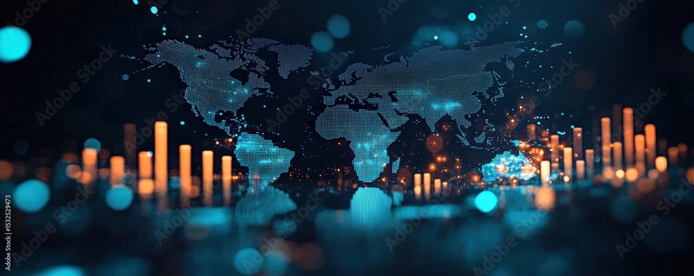 Poster a digital world map with glowing blue nodes and orange bar graphs represents global data analytics a