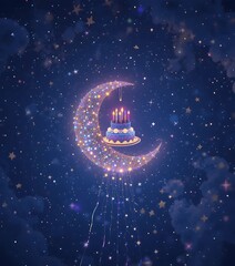 Night sky birthday background with star constellations, moon-shaped cake icon, and glow trails of falling glitter.