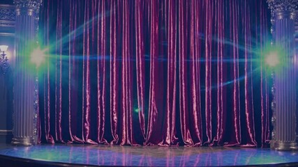 Curtain of Anticipation: A grand, crimson curtain hangs, flanked by ornate columns, creating a dramatic stage setting for an event filled with expectation and performance.
