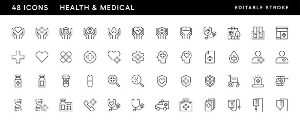 Medical and health icon collection. Healthcare, hospitality, medical, pharmacy, clinical, drug, therapy, treatment and more. Editable stroke. Pixel Perfect. Grid base 32 x 32.