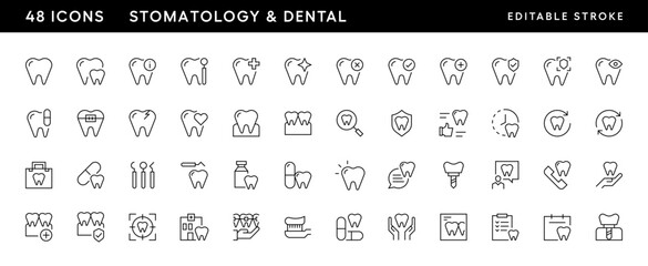 Dental and dentistry icon collection. Dentistry, implant, treatment, dental equipment, tooth care, teeth protection and more. Editable stroke. Pixel Perfect. Grid base 32 x 32.