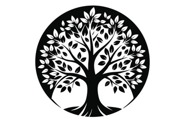 Obraz premium Black and White Tree Silhouette Inside Circular Frame with Leaves and Branches