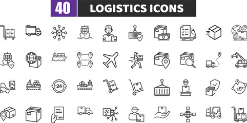 Logistics Icons Set, Delivery, Shipping, Transport, Cargo, Warehouse Vector Pack