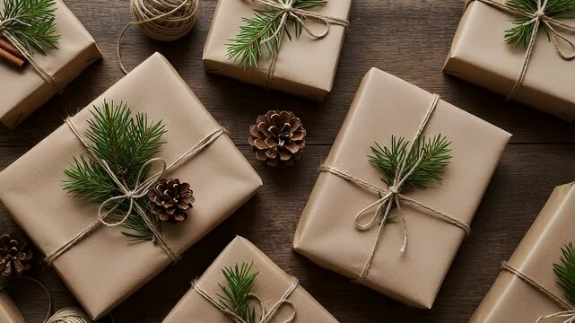Overhead View of Brown Paper Wrapped Christmas Gifts with Pine and String on a Rustic Wooden Table for Holiday Season Celebration