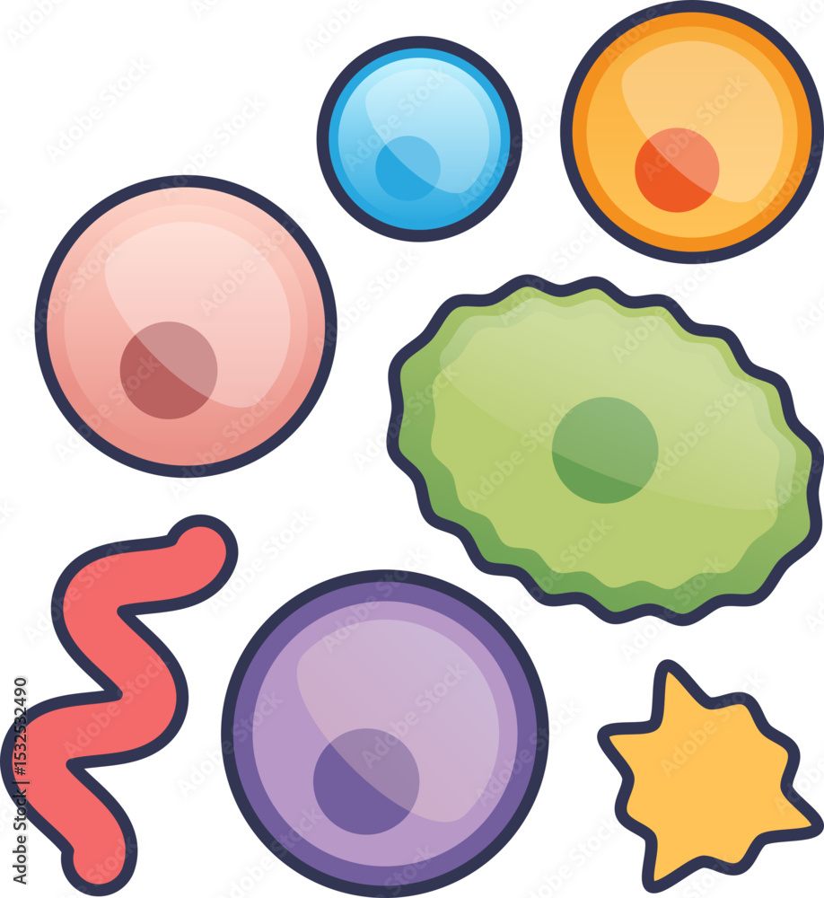 Poster colorful abstract particle shapes representing diversity and complexity.
