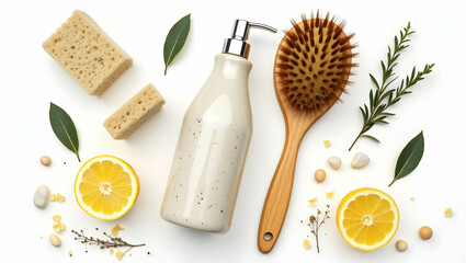 Natural spa/cleaning flat lay, with some enhancements to make it even more captivating and aesthetically refined.