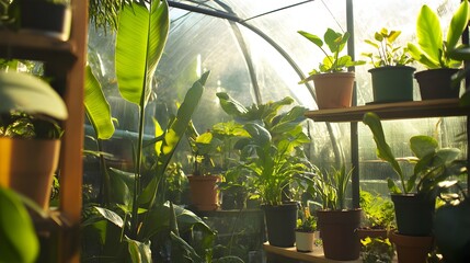 Obraz premium Lush greenery fills a sunny greenhouse.