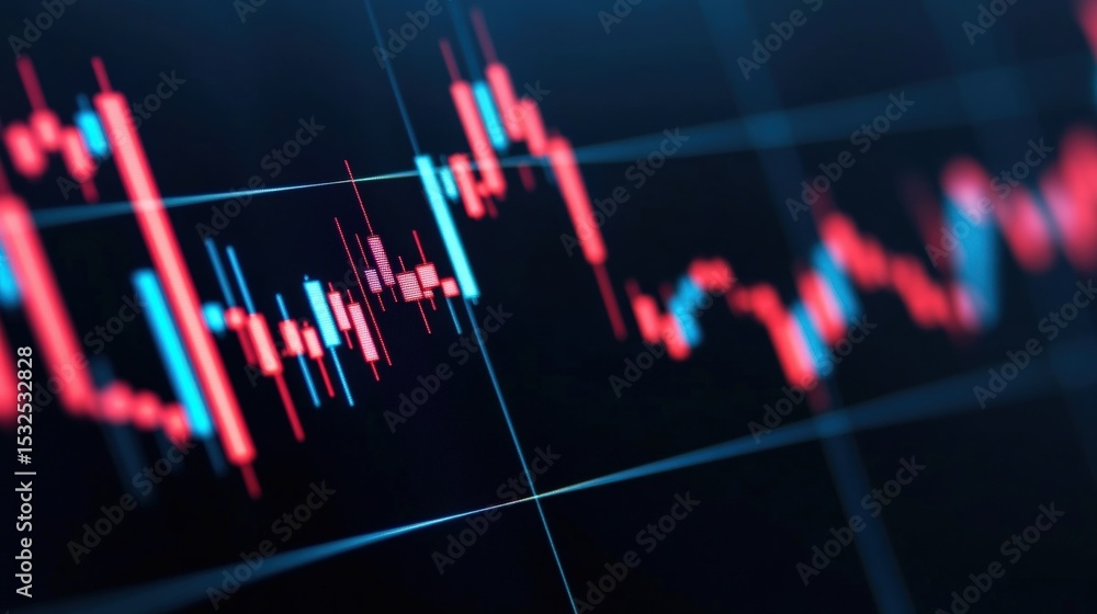 Poster a digital stock market chart displaying fluctuating red and blue candlestick patterns on a dark back