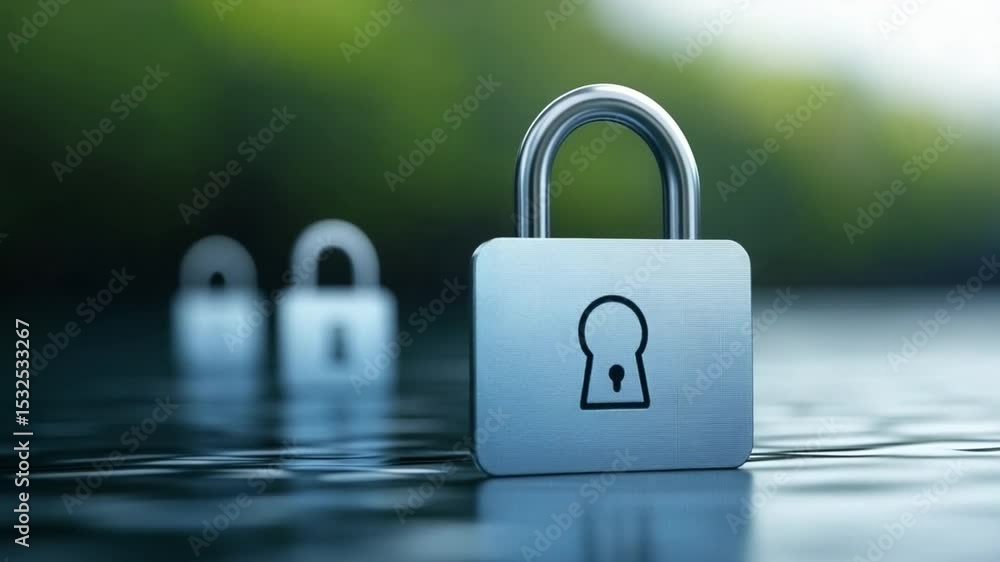 Poster Security in Focus: The image features a close-up view of a shiny, silver padlock prominently displayed, with two additional padlocks blurred in the background.
