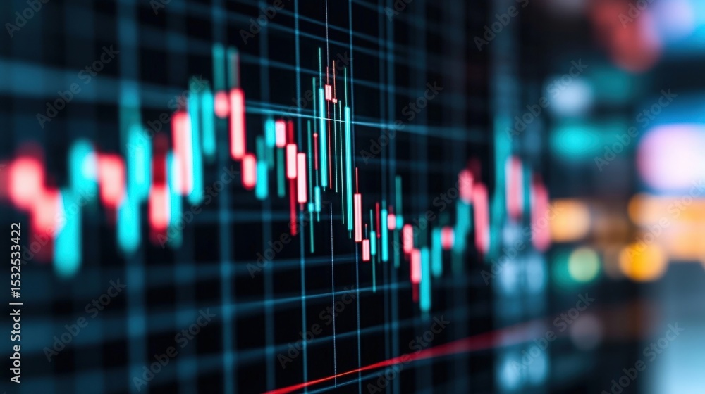 Poster a digital stock market chart showing fluctuating price movements with colorful candlesticks and grid