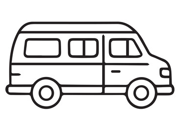 A black and white vector features a classic camper van, outlined in bold black, symbolizing freedom, travel, and a minimalist outdoor lifestyle.

