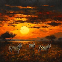 African Sunset Landscape with Zebras .