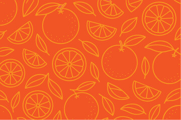 Vector background displays sliced and whole oranges in a repeating pattern, colored in vibrant orange, capturing freshness, flavor, and playful citrus style.

