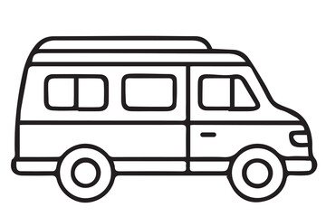 A camper van is illustrated in black and white, its form outlined in thick black lines, reflecting mobility, nature, and minimalist exploration.


