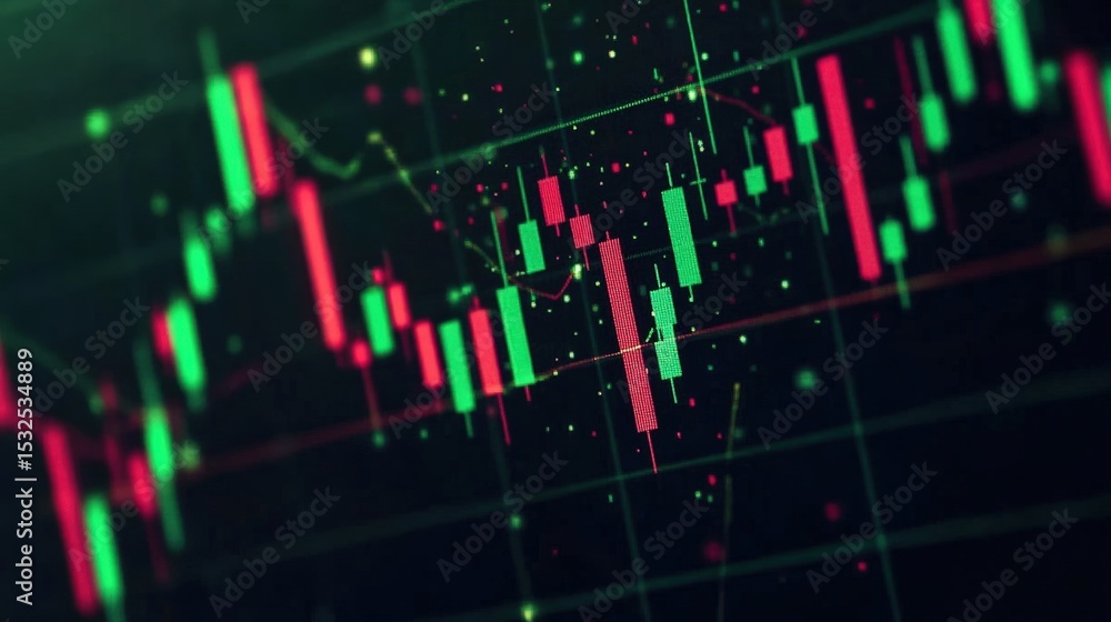 Poster a digital candlestick chart showing fluctuating financial data with green and red bars on a black ba