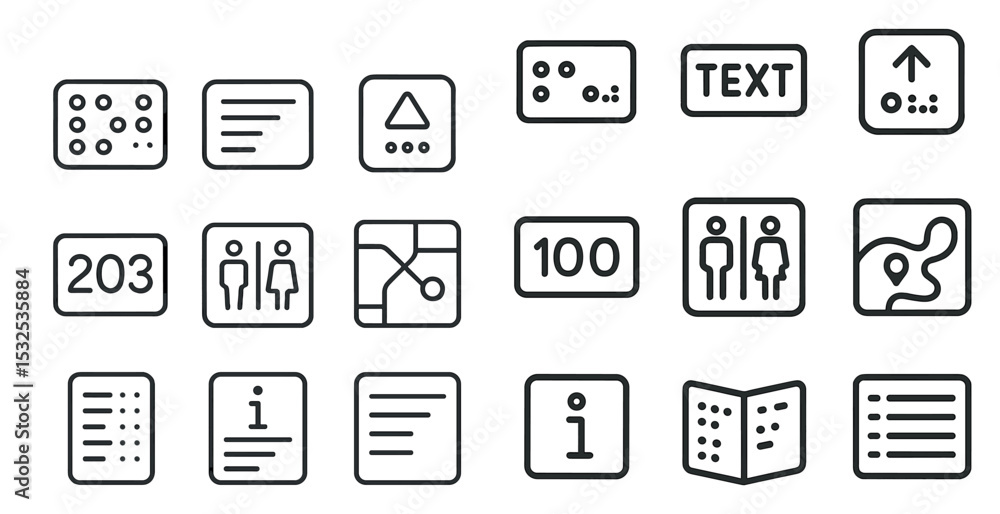 Poster wayfinding and navigation icons set – line, outline, directional symbols and maps