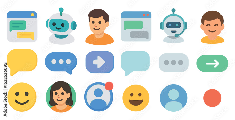 Poster chatbot and communication flat icons set – messages, digital interaction symbols