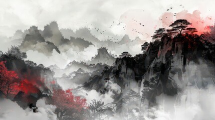 Vintage Jungle Mountains Wall Painting, Design for Wallpaper, Walls, Print, Mural