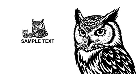 Majestic Great Horned Owl, Black and White Illustration