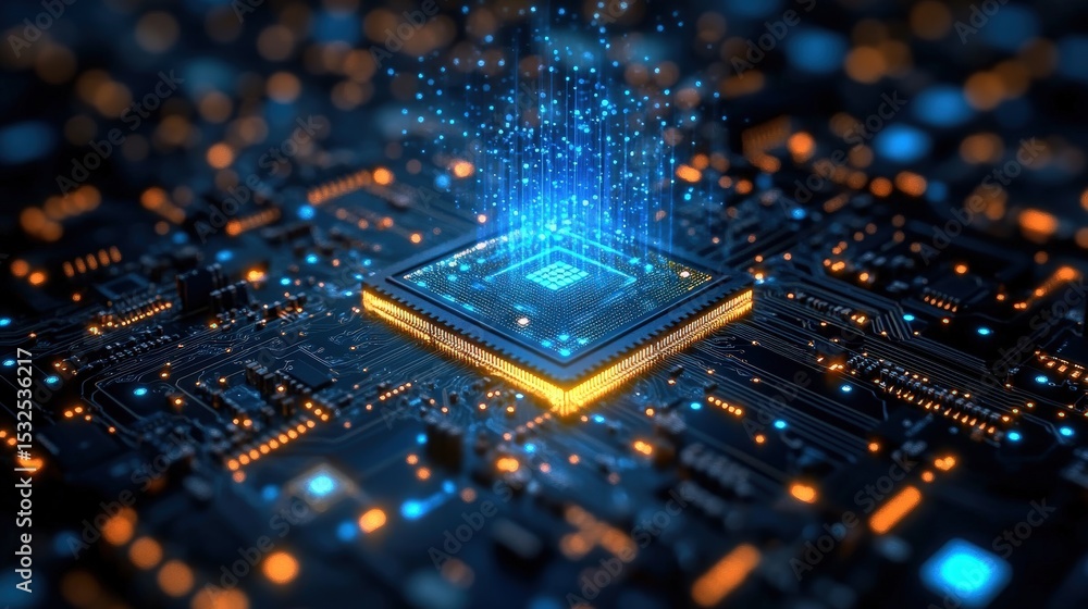 Aufkleber a glowing microchip on a motherboard emits dynamic blue light beams, symbolizing advanced technology