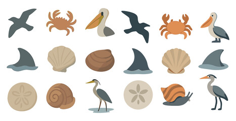 Beach and ocean life icons set – flat, silhouette, sea and wildlife symbols