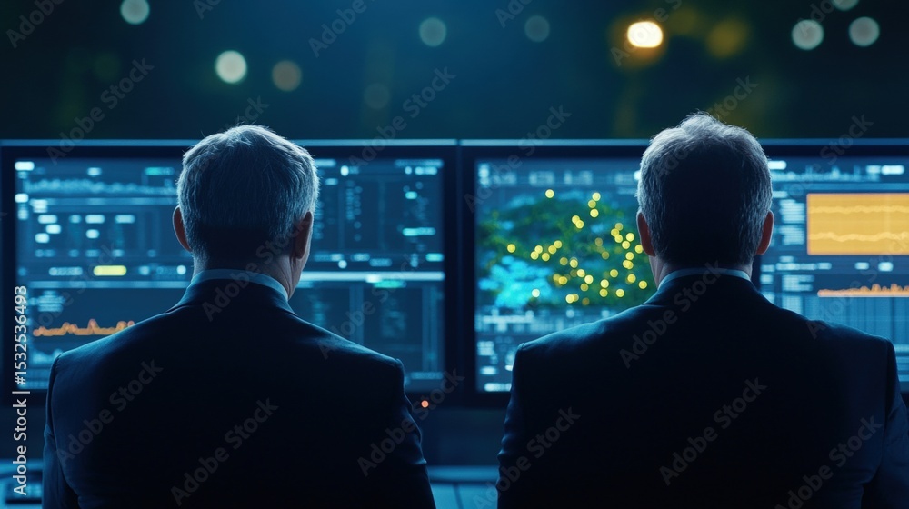 Poster two professionals monitor multiple data screens in a dark room, analyzing real-time information and 