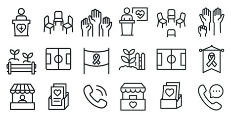Community engagement outline icons set – volunteer, social, civic participation symbols