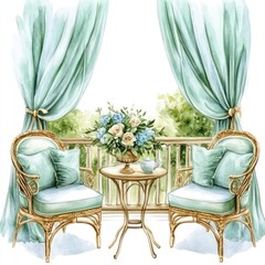 Watercolor balcony scene with wicker chairs, table, flowers, and light blue curtains