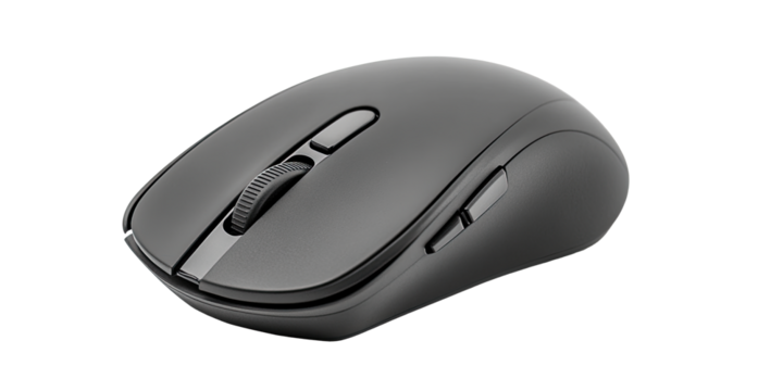 Compact black office mouse with streamlined shape  isolated on white transparent background