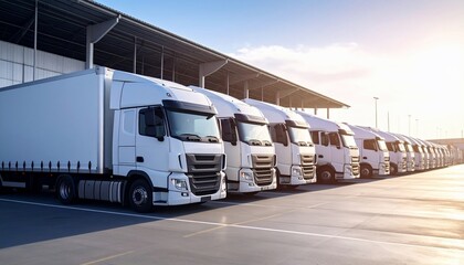 Fleet of White Semi Trucks Parked at a Warehouse