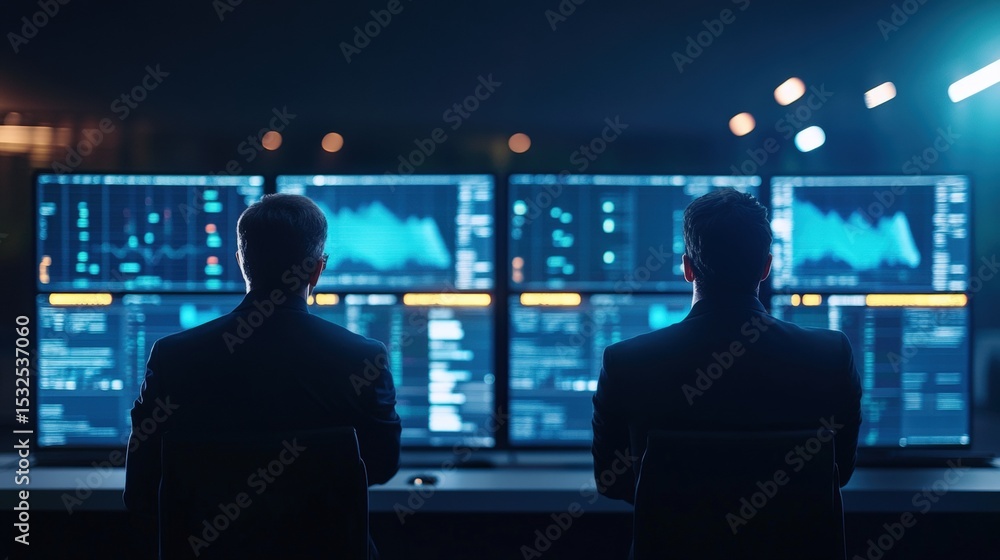 Poster two professionals analyze multiple data charts on large screens in a darkened room, focusing on real