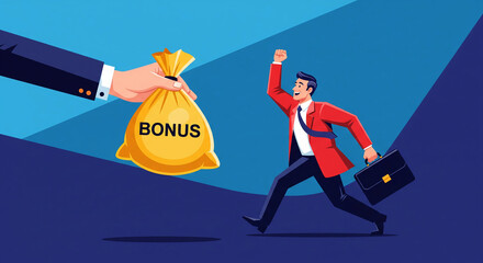 Businessman running towards a bonus bag offered by a hand, symbolizing financial reward, success, and achievement in business