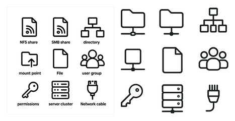 Network and permissions line icons set – outline, file sharing, server management tools