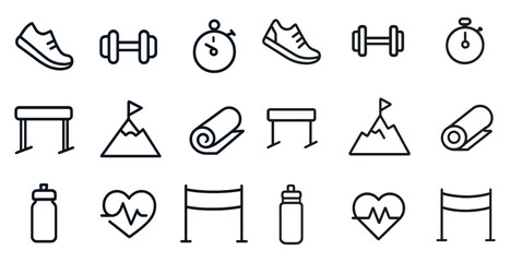 Fitness and exercise line icons set – outline, gym, health and wellness symbols