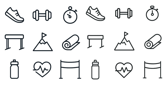 Fitness and exercise line icons set – outline, gym, health and wellness symbols