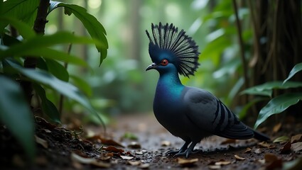 A majestic Victoria crowned pigeon stands on the forest floor among dense understory plants and soft diffused light in a tropical jungle.
