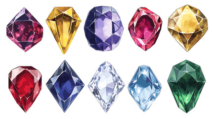 Fototapeta premium Vector set of precious expensive gemstones of different crystals shapes sapphire diamond ruby ​​crystal carat emerald yellow green blue gold pearl sparkles on a white background