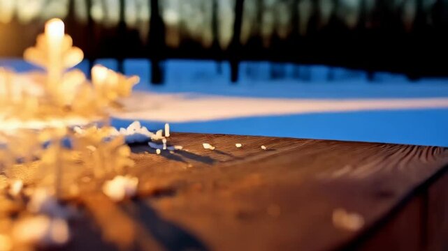 Intricate snowflake resting on textured surface with patches of snow under sunlight, winter concept for seasonal imagery and design elements