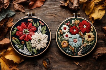 An embroidery hoop featuring detailed and colorful floral patterns
