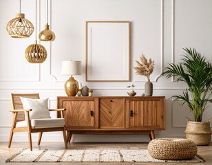 Modern retro composition of living room with wooden vintage commode, furniture, lamp, plant, carpet, pillows, gold mock up poster frame, plants, decoration and personal accessories.