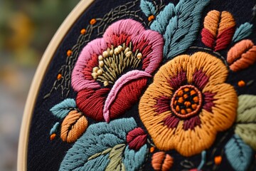 DIY embroidery hoop art with intricate floral designs and vibrant threads