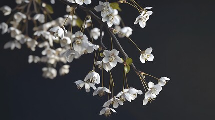 Delicate white blossoms cascade down a branch.