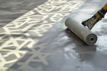 A concrete floor decorated with bold geometric painted designs