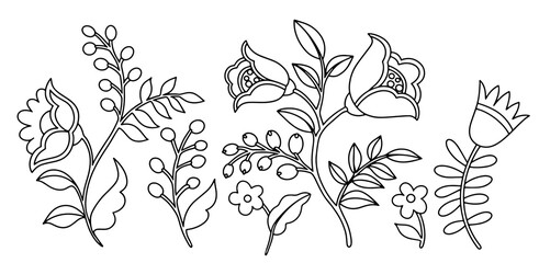Coloring book. Set of abstract fantasy flowers, berries and leaves in folk style. Vector illustration in doodle style